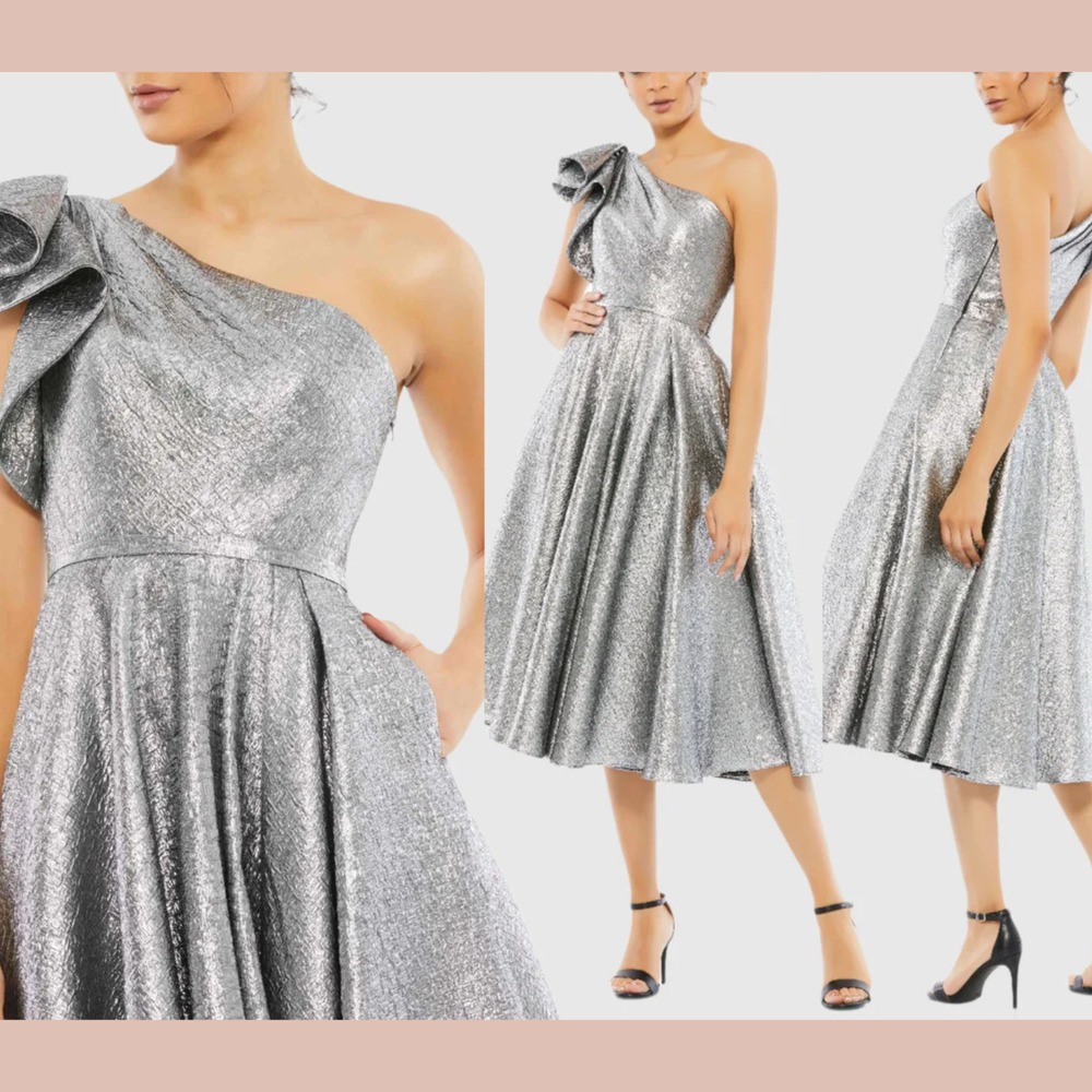 NWT MAC DUGGAL [ 2 ] 67906 One Shoulder Bow Midi‎ Dress in Silver Foil #J1806